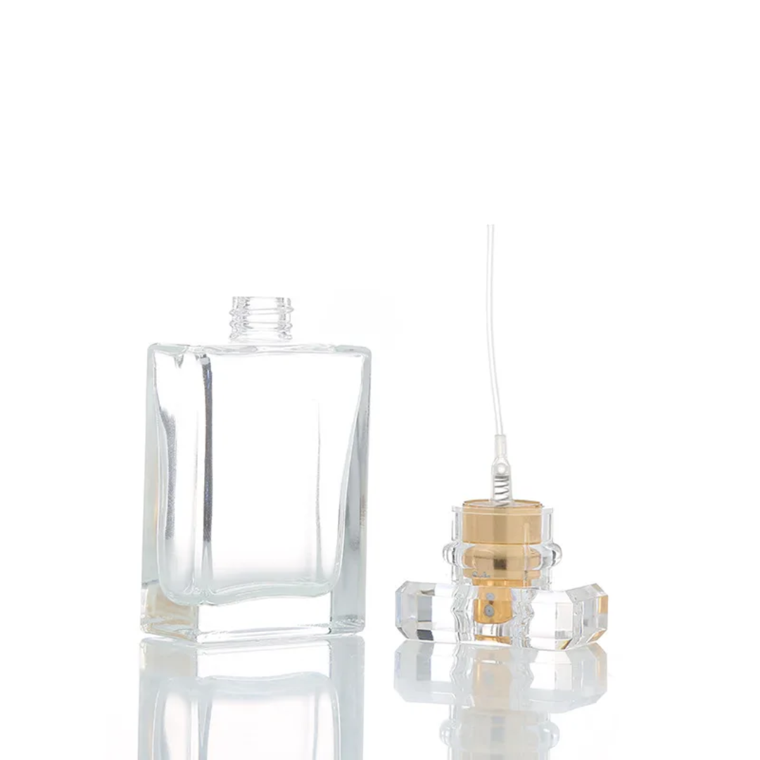 50ml Clear Glass Perfume Bottle – Rectangular with Faceted Cap