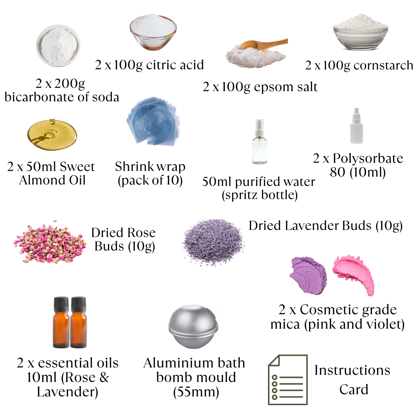 List of ingredients and items for making a bath bomb, including citric acid, epsom salt, cornstarch, sweet almond oil, and essential oils.