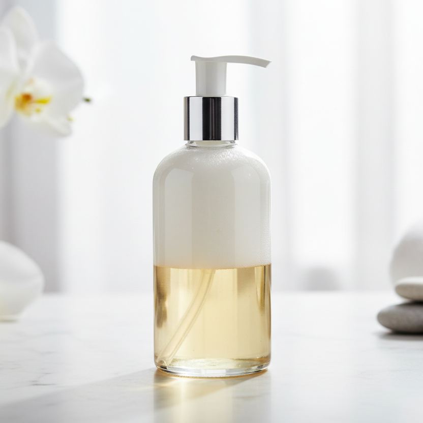 White bottle with pump dispenser on a white surface with white flowers and towels in the background