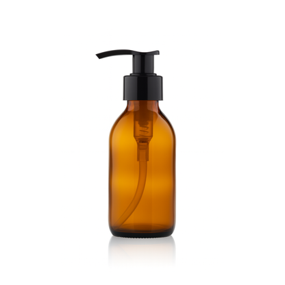 Amber Round Glass Bottle with Black Lotion Pump