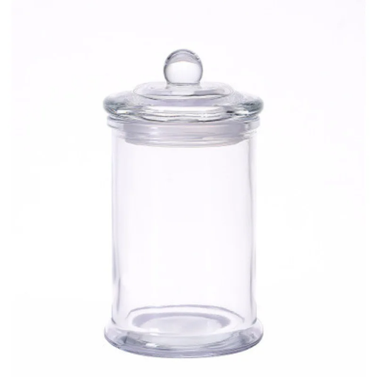 Clear glass jar with a lid on a white background
