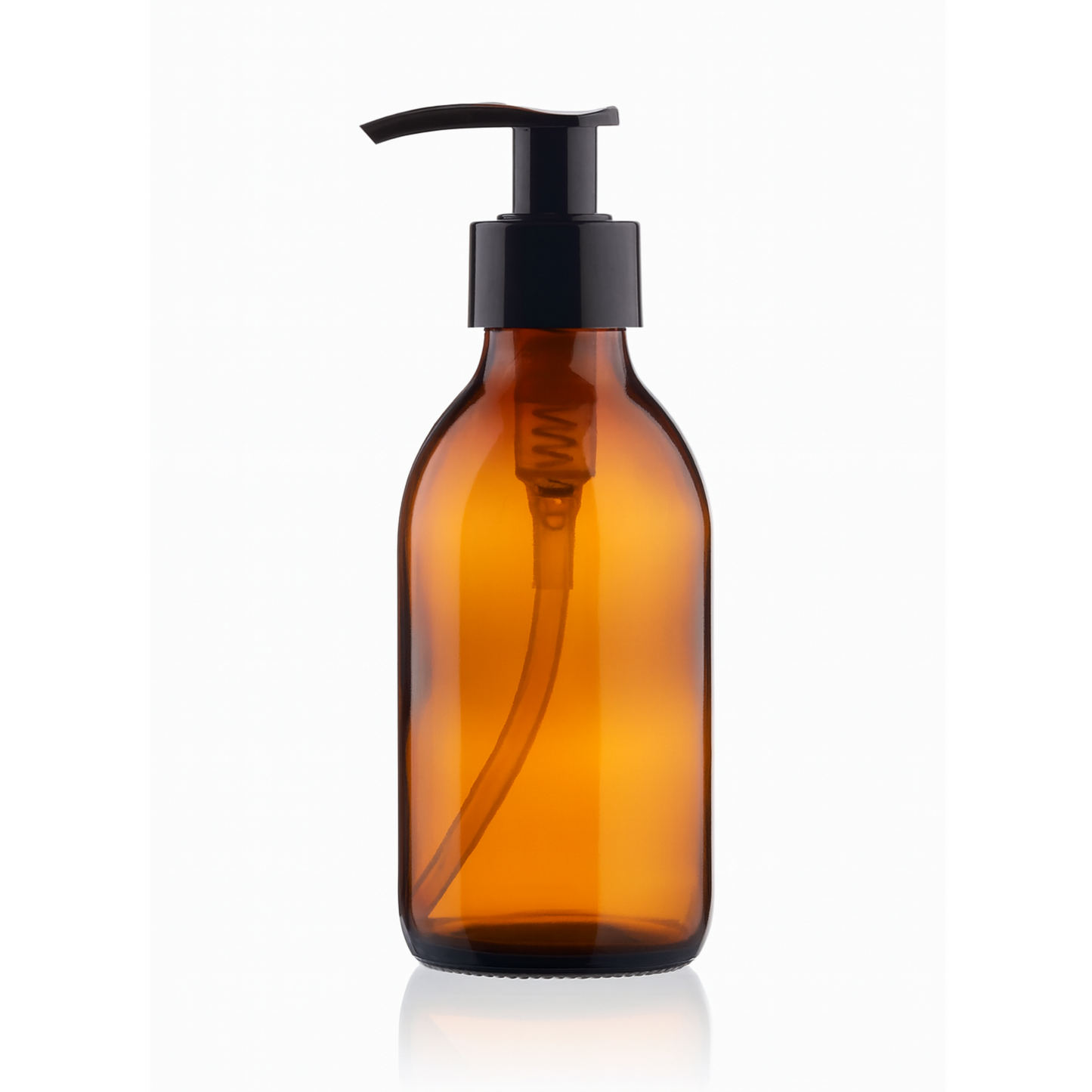 Amber glass bottle with black pump on a white background