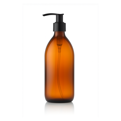 Amber Round Glass Bottle with Black Lotion Pump