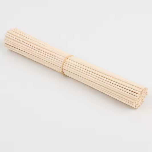 Pack of rattan reed sticks tied together on a light gray background