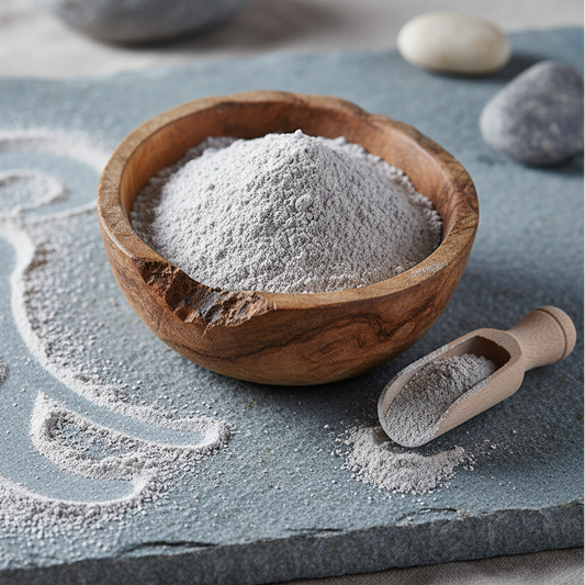 Wooden bowl with bentonite clay on a textured surface