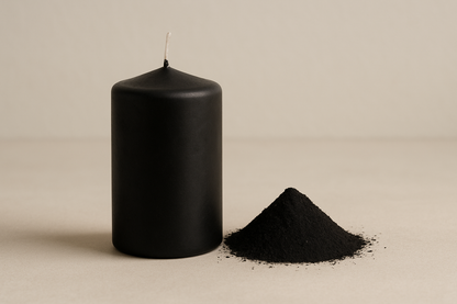 black candle with a small pile of black powder next to it