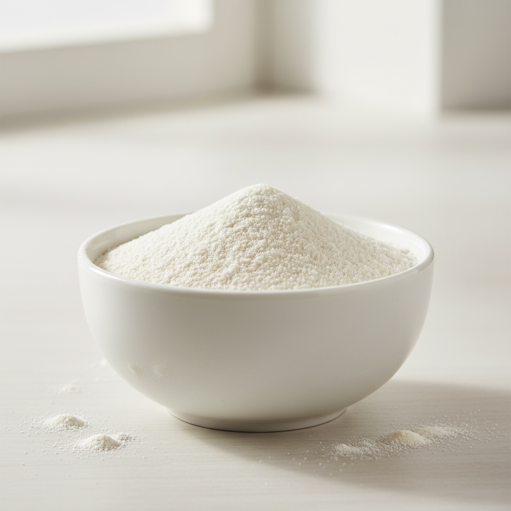 White bowl filled with arrowroot powder on a light background