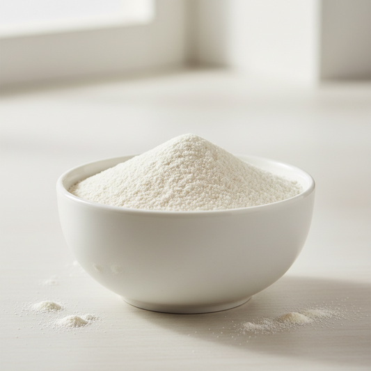 White bowl filled with arrowroot powder on a light background