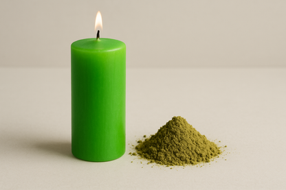 bright green candle with a small pile of greenish brown powder next to it