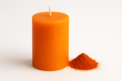 bright orange candle with a small pile of dark orange powder next to it