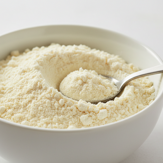 White bowl filled with a scoop of buttermilk powder on a white background
