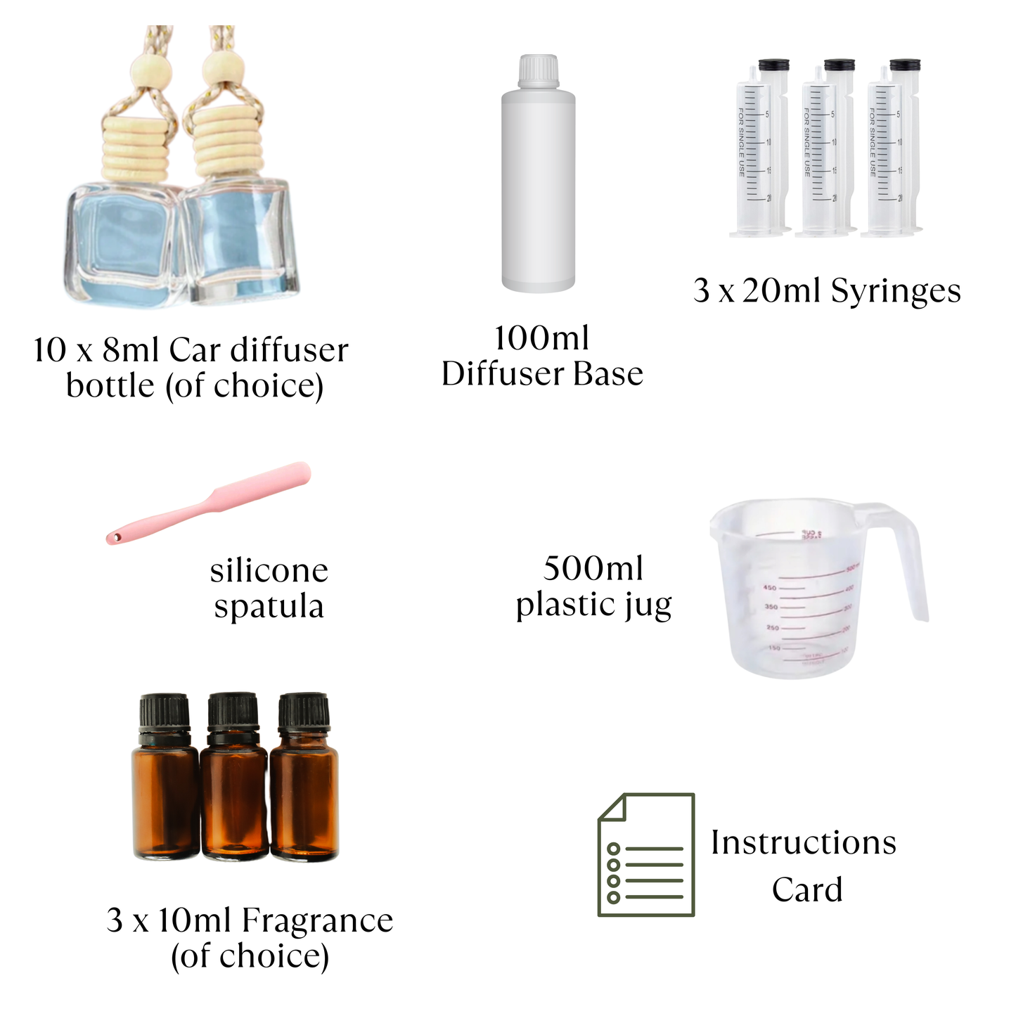 Collection of items for making a DIY diffuser kit including bottles, base, syringes, jug, spatula, and fragrance oils.