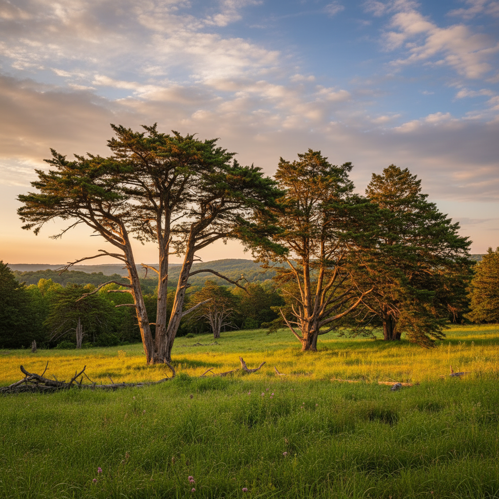 Three trees in a grassy field with a sunset sky