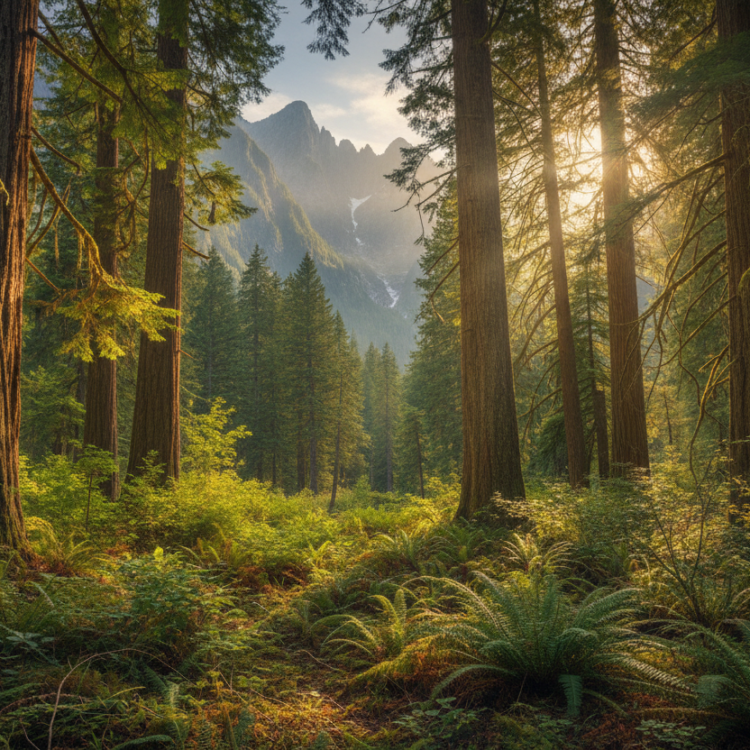 Sunlight filters through a dense forest with mountains in the background