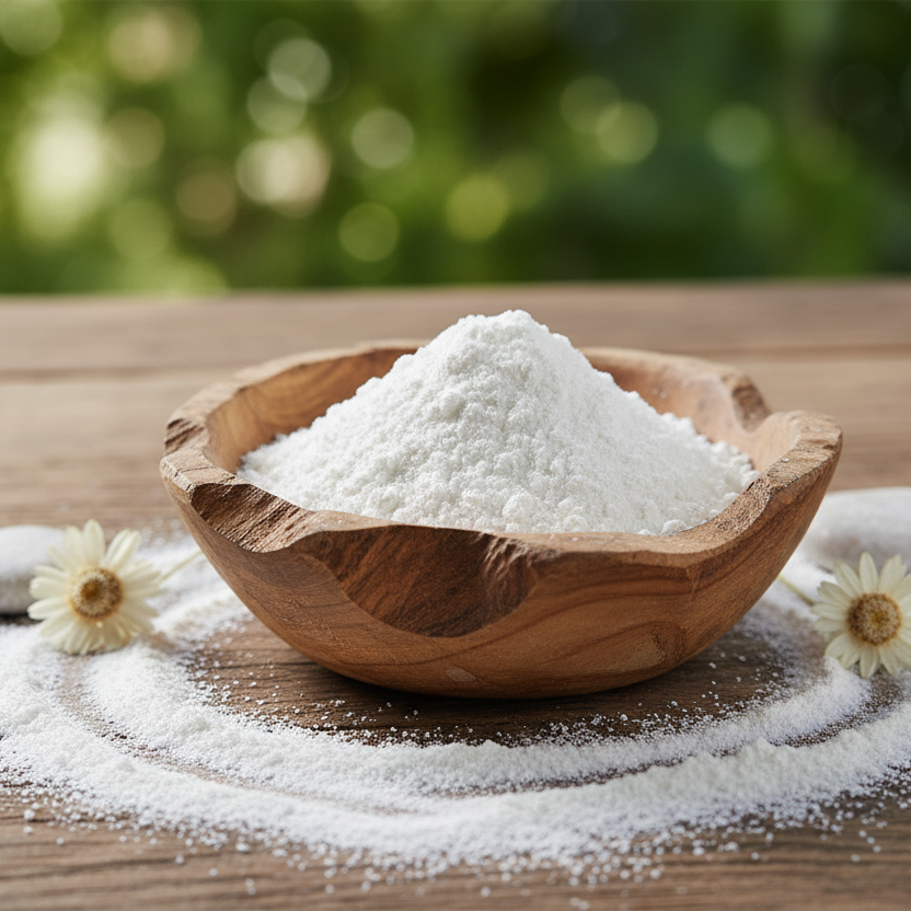 Wooden bowl filled with kaolin clay on a wooden surface with flowers and blurred greenery in the background