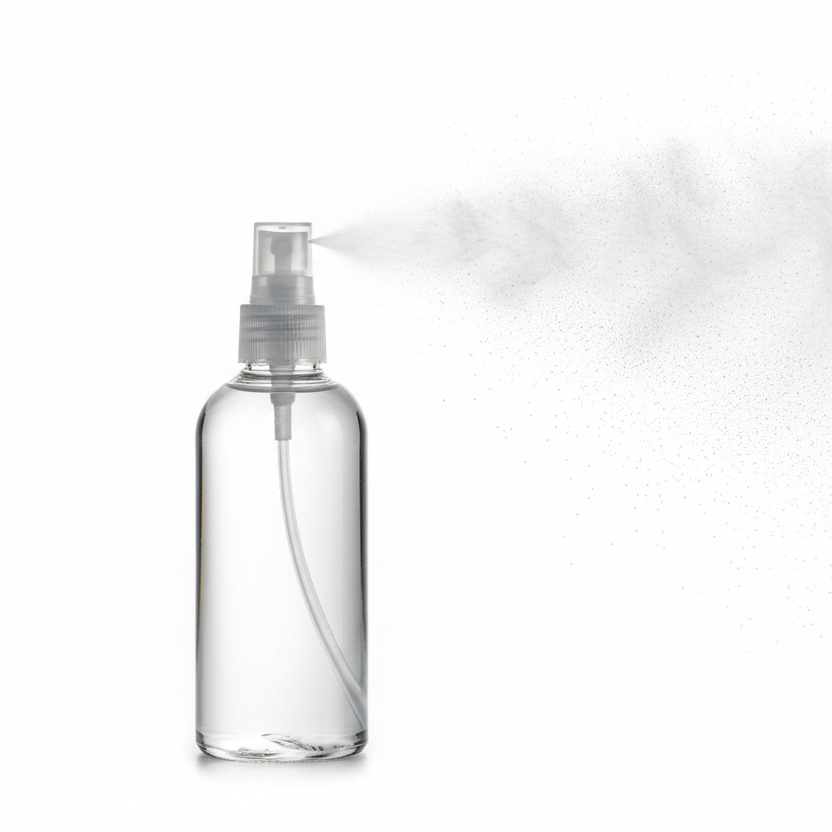 Clear spray bottle with mist on a white background