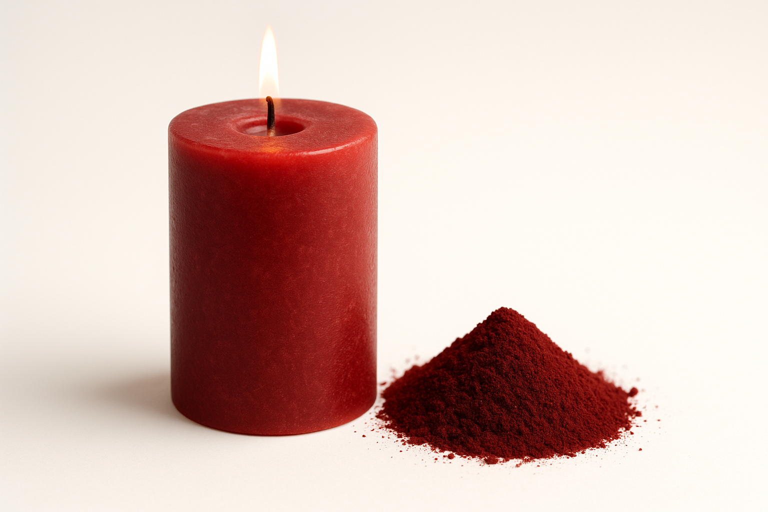red candle with a small pile of dark red powder next to it