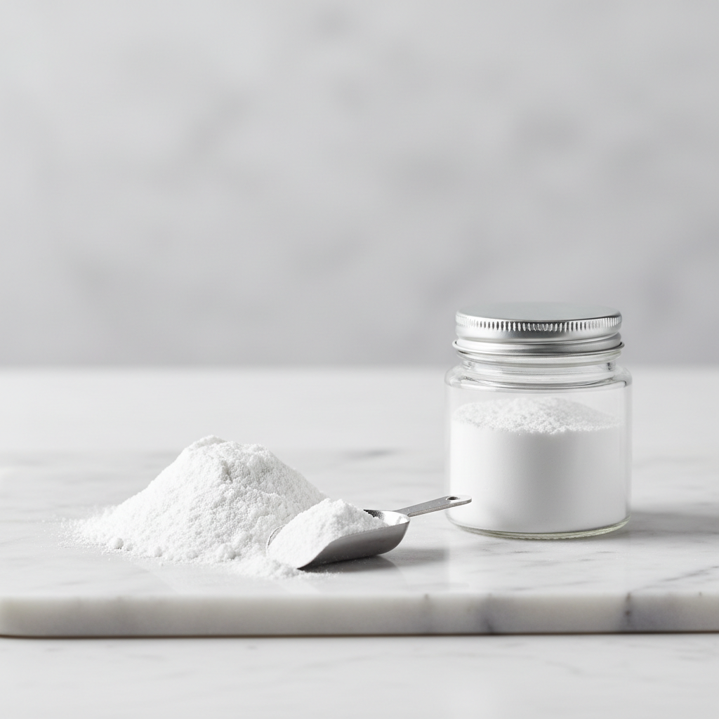Jar of titanium powder with a spoonful on a marble surface