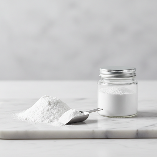 Jar of titanium powder with a spoonful on a marble surface