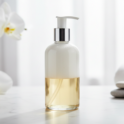 White bottle with pump dispenser on a white surface with white flowers and towels in the background
