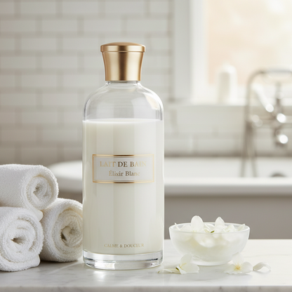 Bottle of bath milk skincare product on a bathroom counter with towels and a bowl of flowers.